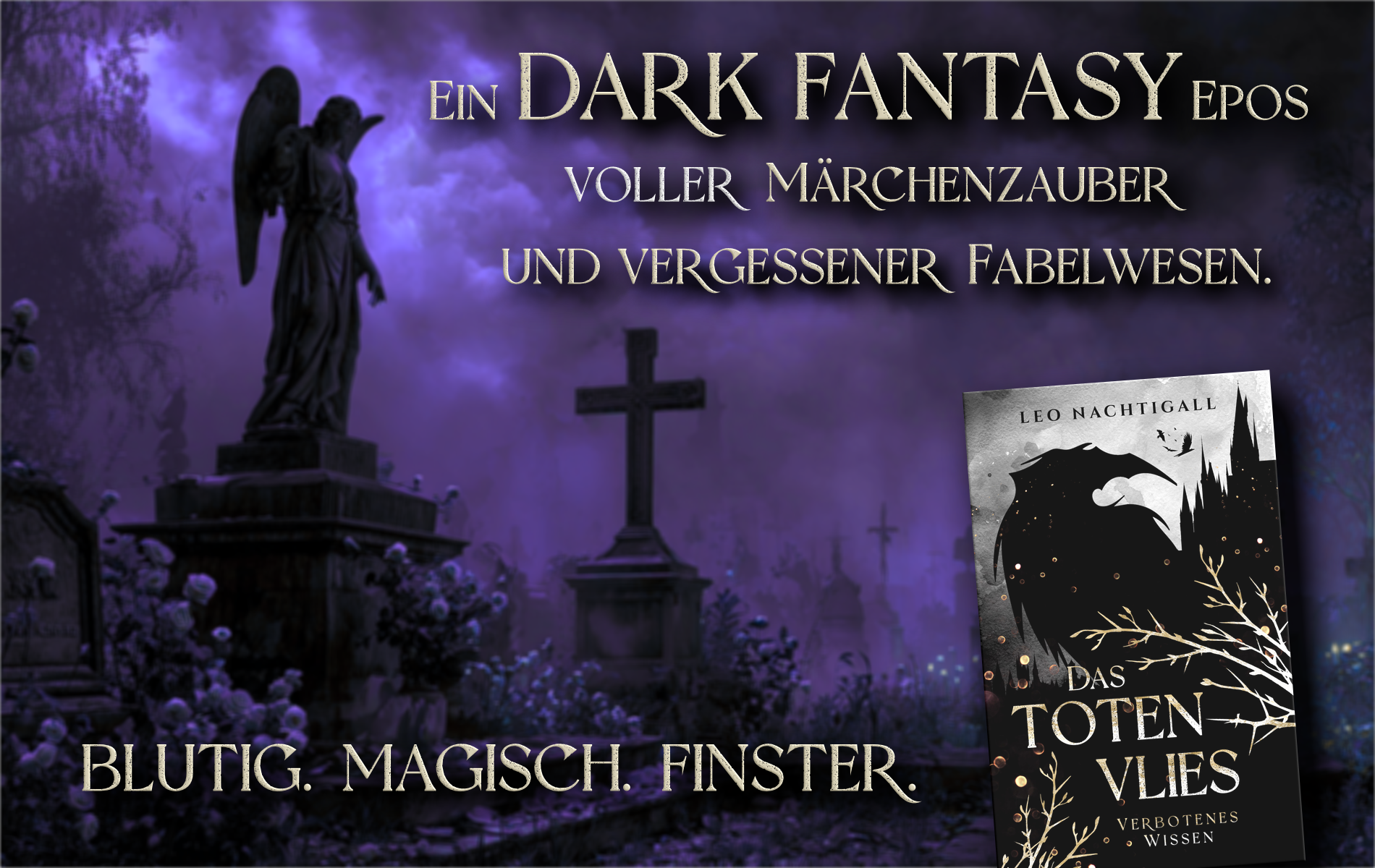 Eine Liebe, die den Tod nicht akzeptiert Dark Fantasy Artwork: Ein nebliger Friedhof bei Nacht mit Engelsstatuen, Rosen und Krähen in mysteriösem lila Nebel. Der Text beschreibt ein